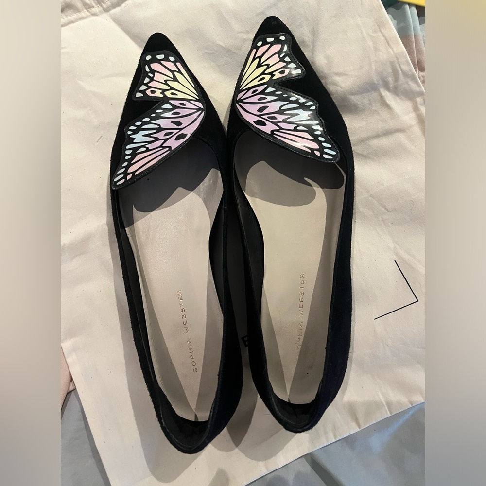 Sophia Webster Black Flats with Rainbow Butterflies